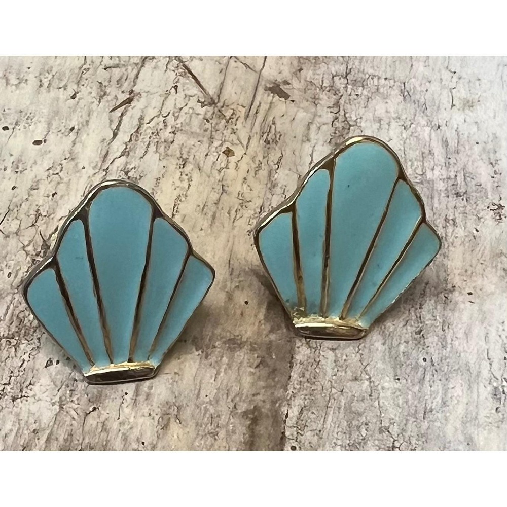 Vintage Blue Shell Earrings Enamel Gold Stud Beach